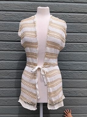 White House Black Market Crochet Tie-Front Vest in Cream, Beige And Gold